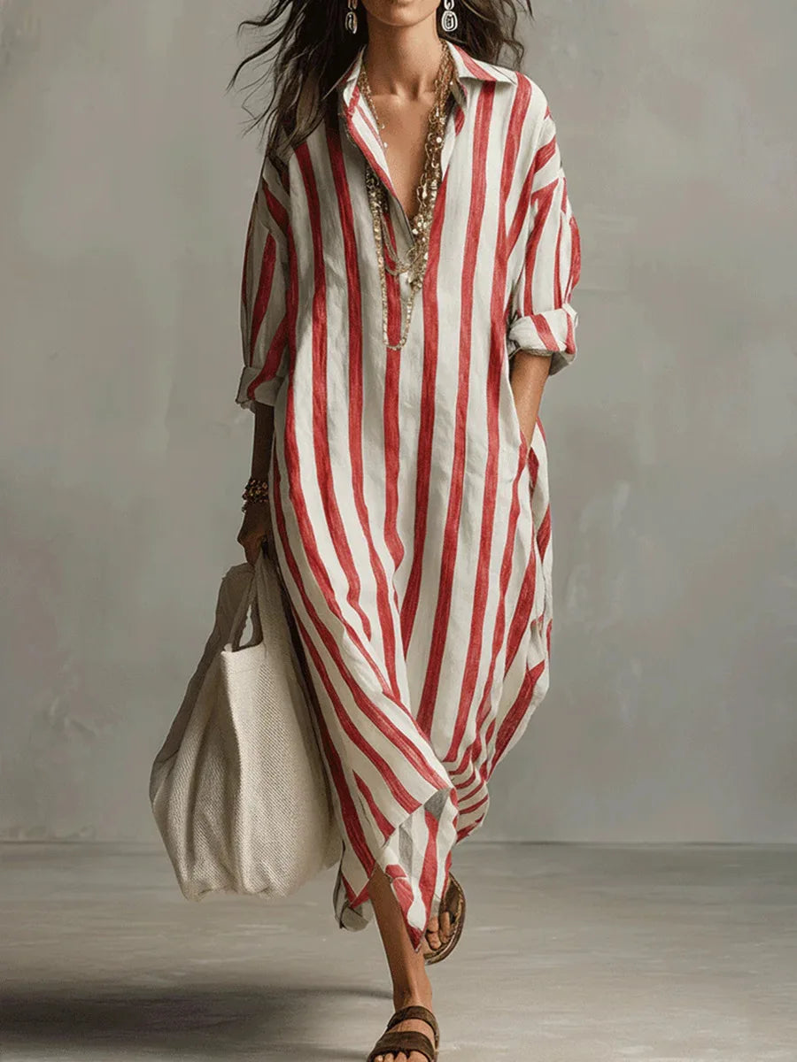 Scout | Maxi Robe Chemise Rayée à Manches Longues et Poches Latérales