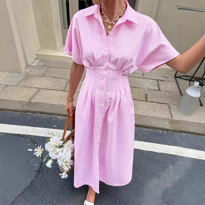 Delphine | Robe Chemise Rayée Taille Plissée