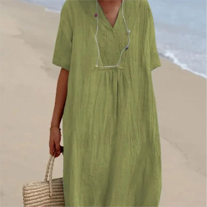 Sandra | Robe décontractée en lin texturé à col en V