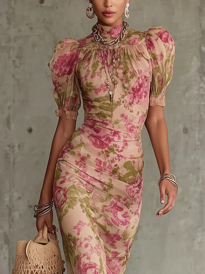 Robe longue vintage à imprimé rose et manches bouffantes