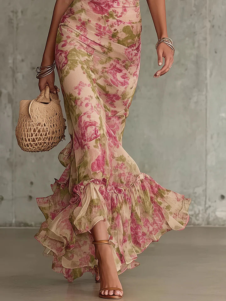 Robe longue vintage à imprimé rose et manches bouffantes