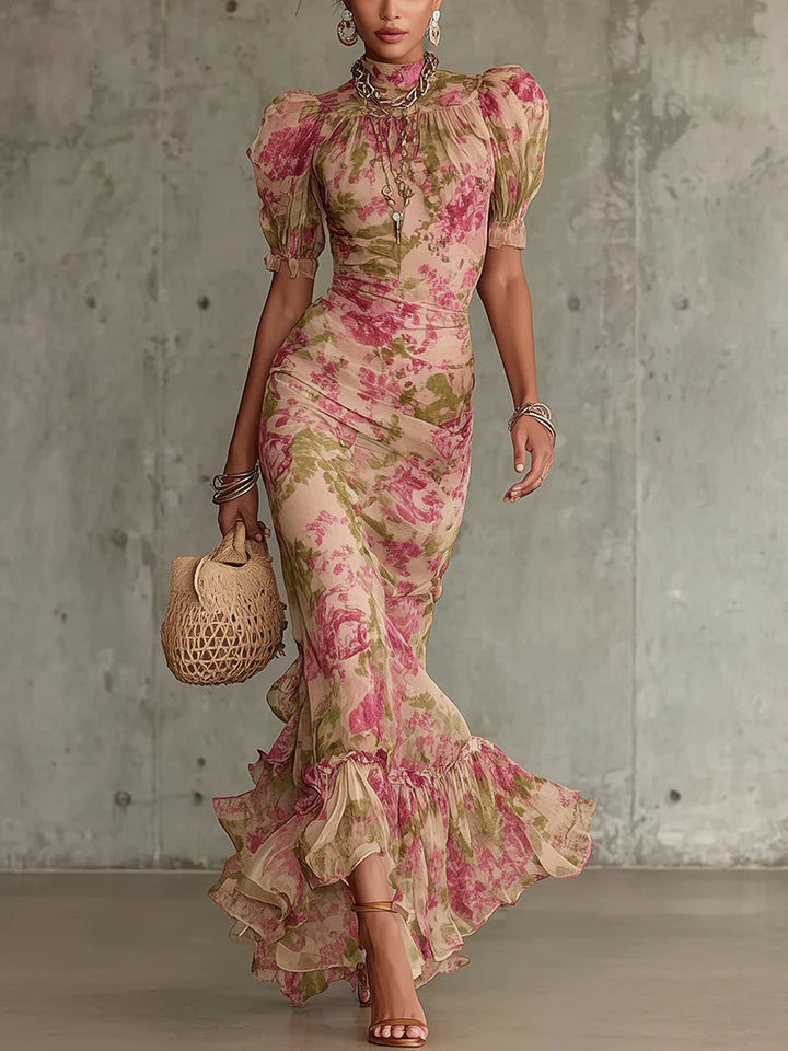 Robe longue vintage à imprimé rose et manches bouffantes
