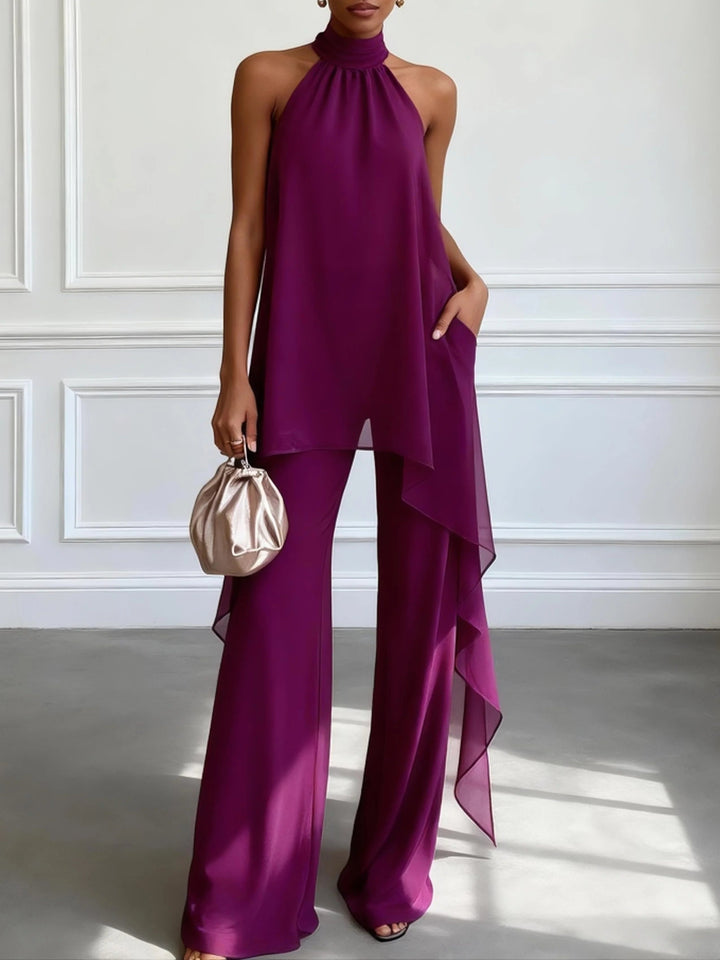 Ensemble deux pièces violet dos nu sans manches élégant composé d'un haut et d'un pantalon.