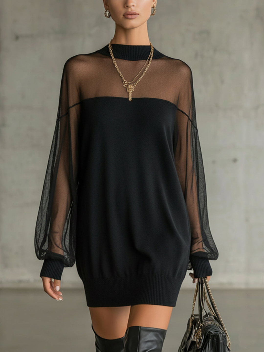 Amélie™ | Mini Robe Noire Élégante à Manches en Résille
