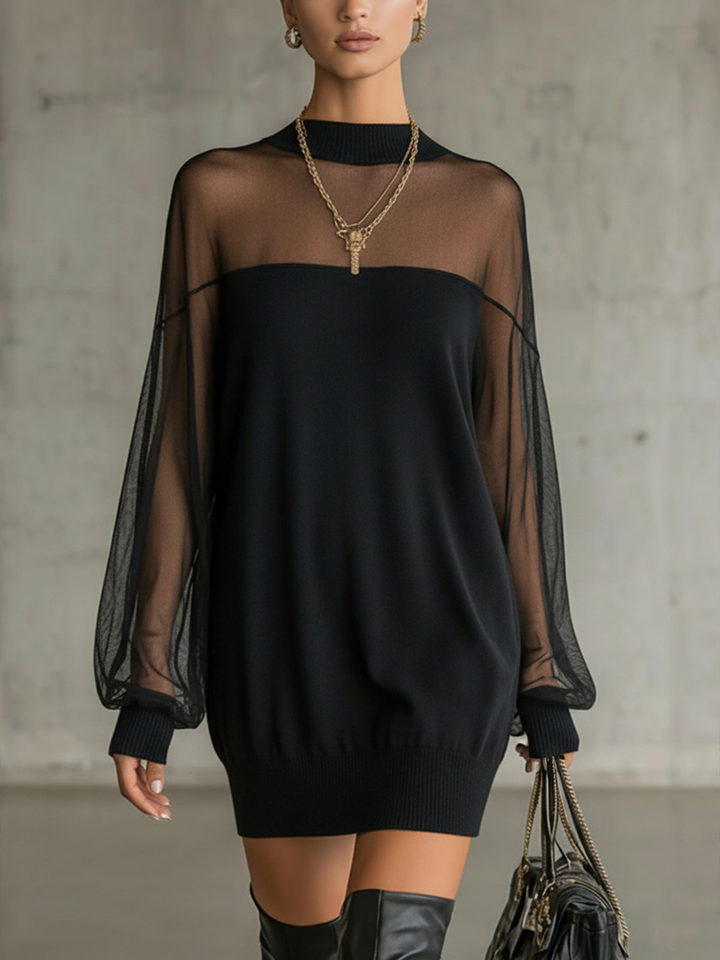 Amélie™ | Mini Robe Noire Élégante à Manches en Résille