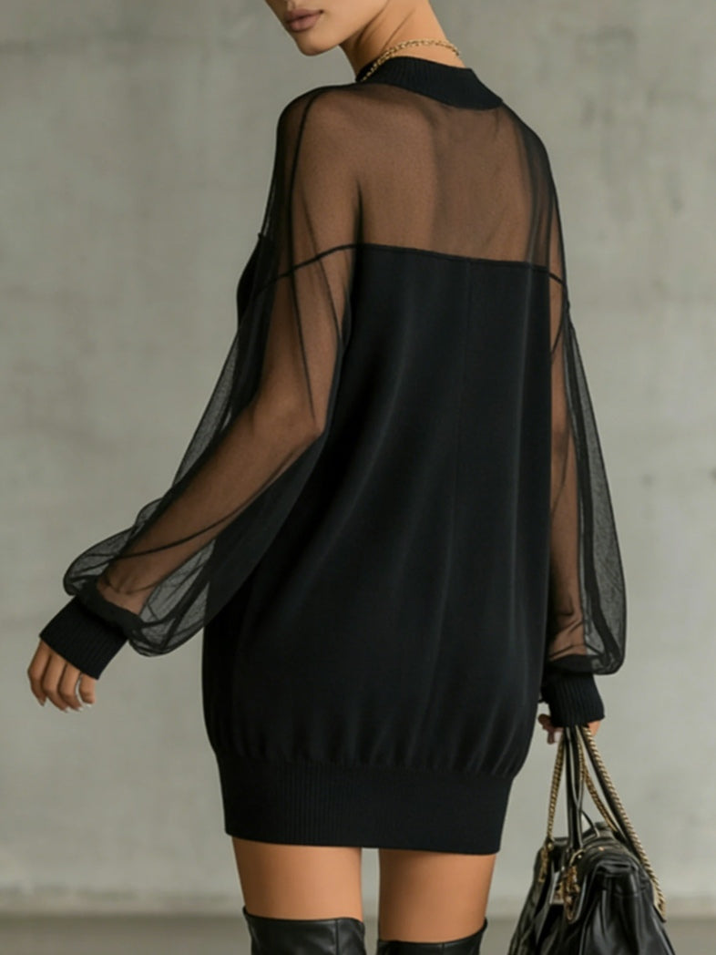 Amélie™ | Mini Robe Noire Élégante à Manches en Résille