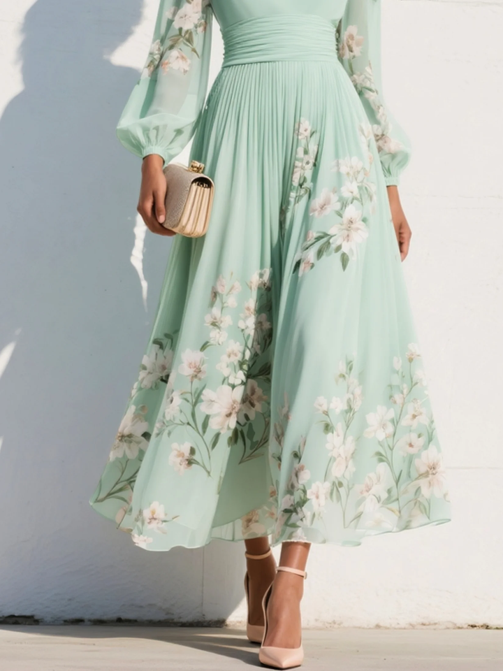 Robe Maxi Plissée en Mousseline Vert Menthe à Imprimé Floral