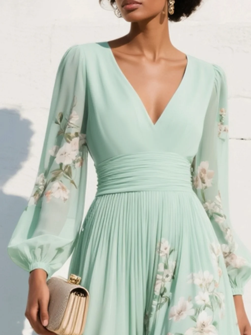 Robe Maxi Plissée en Mousseline Vert Menthe à Imprimé Floral
