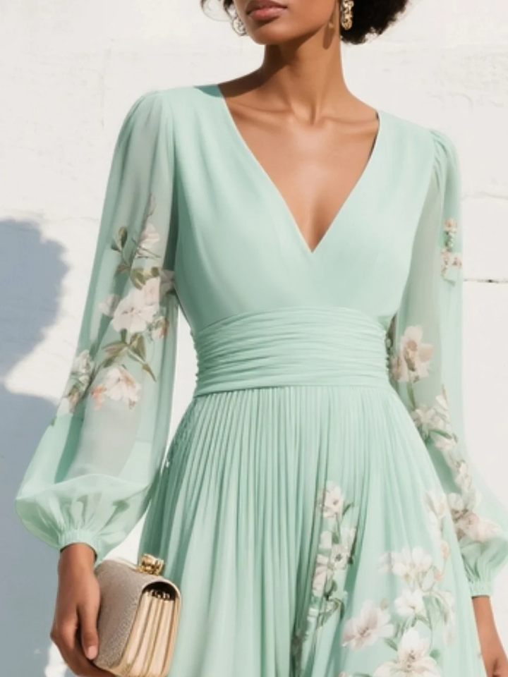 Robe Maxi Plissée en Mousseline Vert Menthe à Imprimé Floral