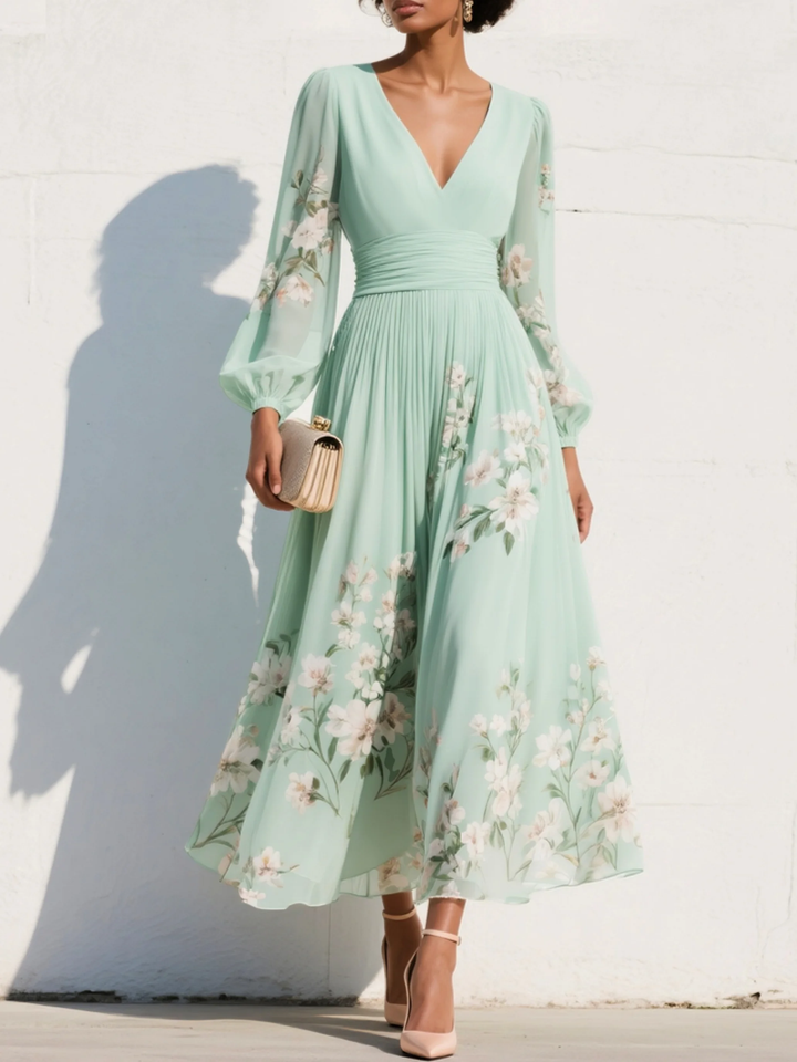 Robe Maxi Plissée en Mousseline Vert Menthe à Imprimé Floral