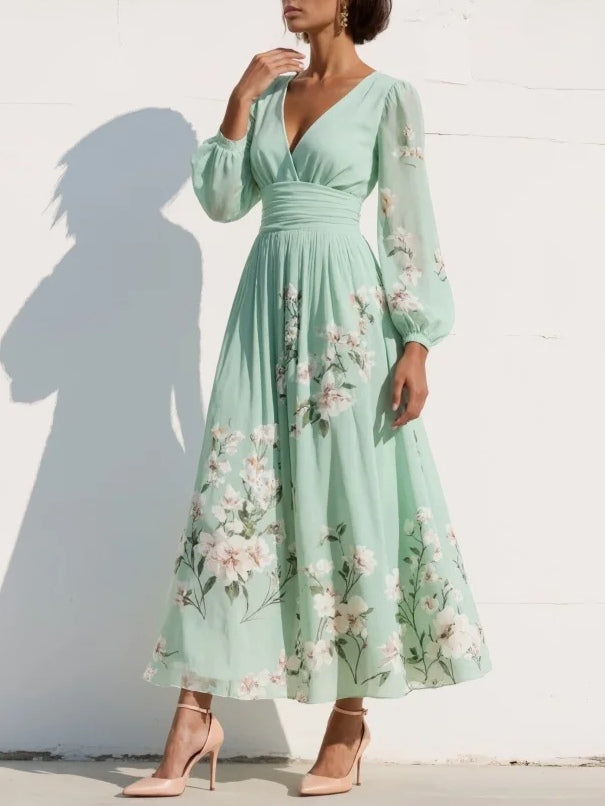 Robe Maxi Plissée en Mousseline Vert Menthe à Imprimé Floral