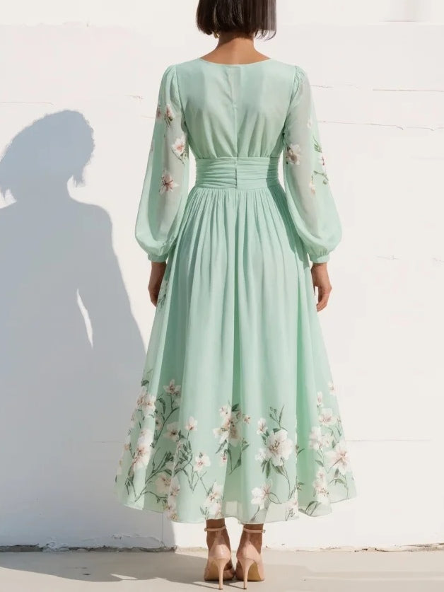 Robe Maxi Plissée en Mousseline Vert Menthe à Imprimé Floral