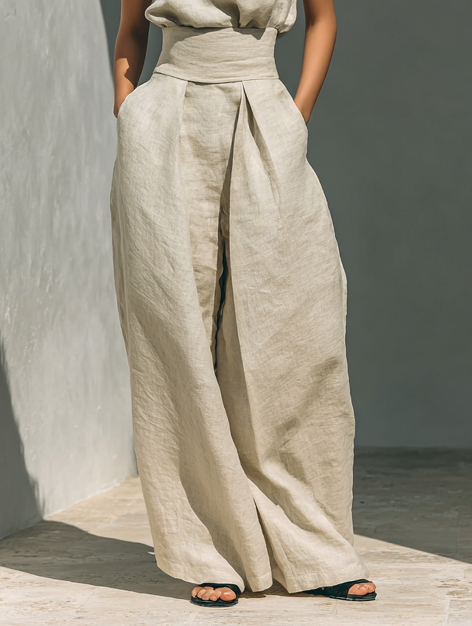 Aurora | Ensemble Top Sans Manches et Pantalon Large Beige en Mélange Coton-Lin