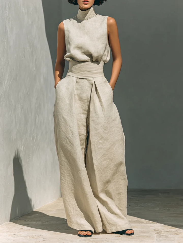 Aurora | Ensemble Top Sans Manches et Pantalon Large Beige en Mélange Coton-Lin