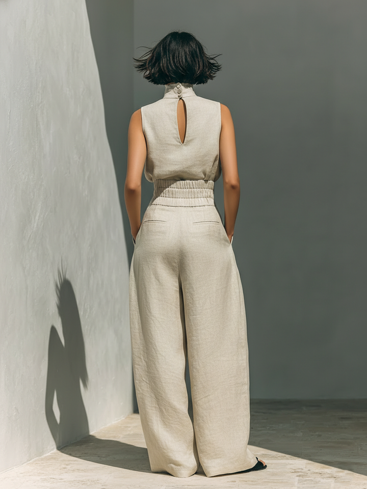 Aurora | Ensemble Top Sans Manches et Pantalon Large Beige en Mélange Coton-Lin