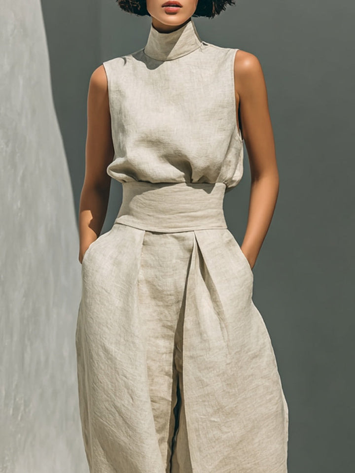 Aurora | Ensemble Top Sans Manches et Pantalon Large Beige en Mélange Coton-Lin