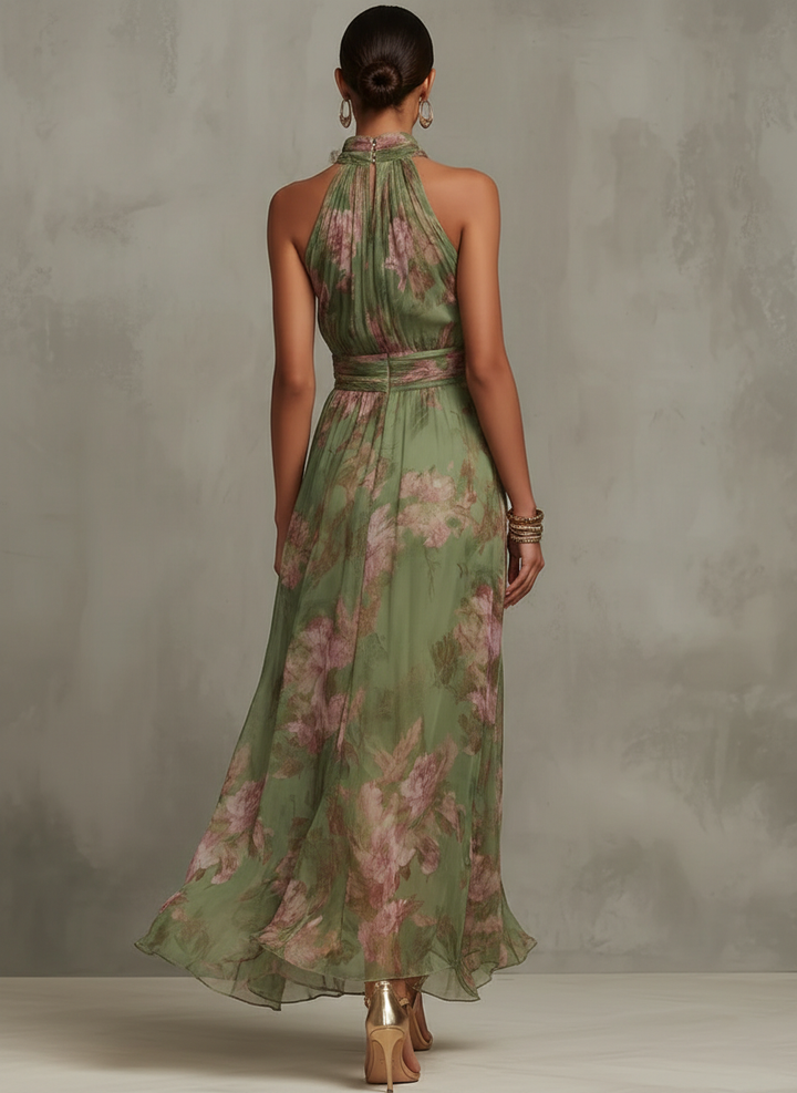 Serena | Robe Longue en Mousseline Verte à Imprimé Floral et Col Américain