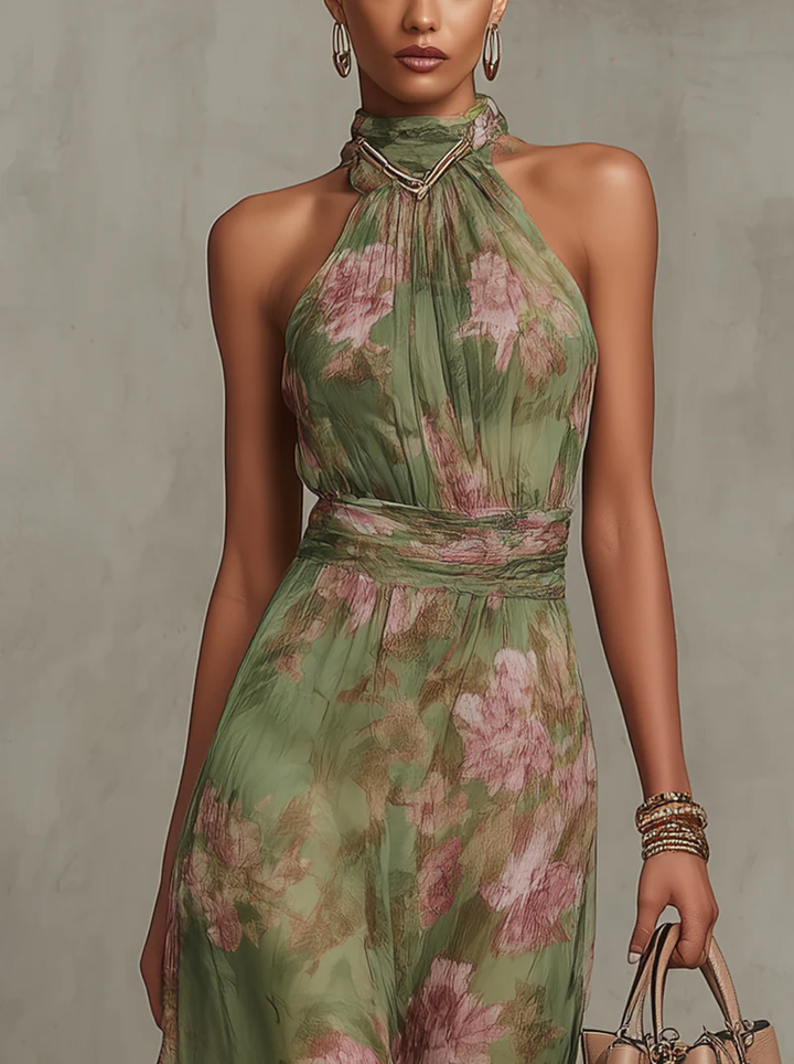 Serena | Robe Longue en Mousseline Verte à Imprimé Floral et Col Américain