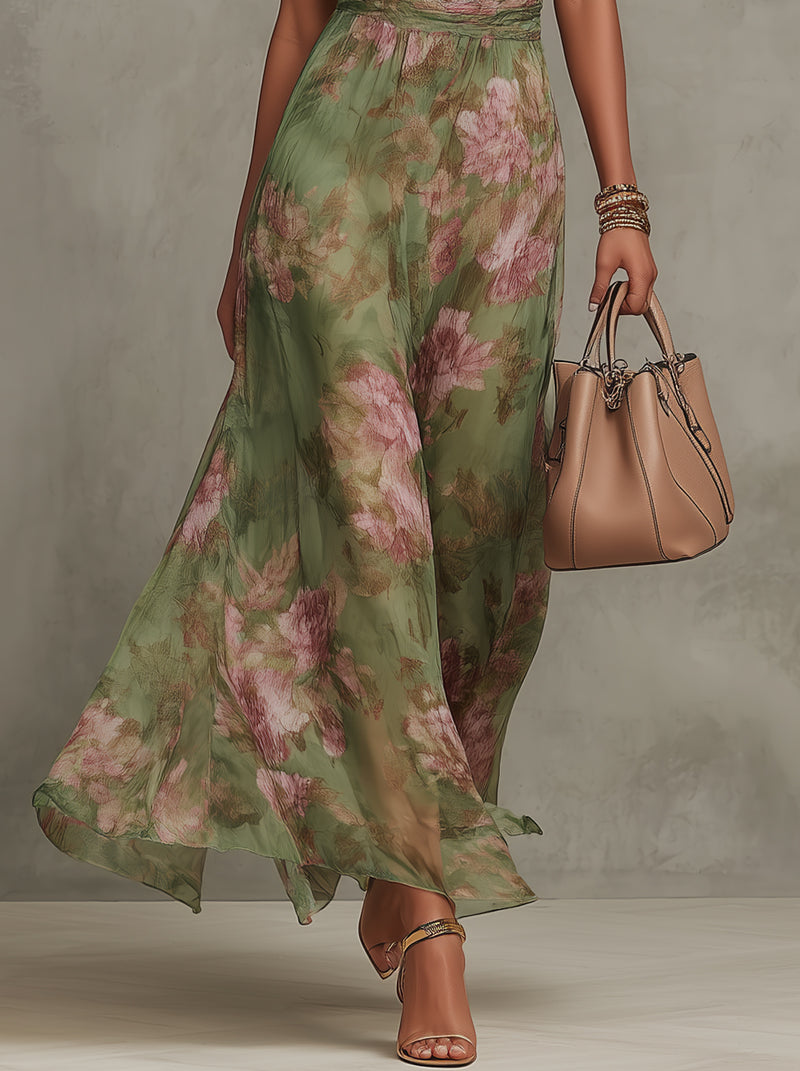 Serena | Robe Longue en Mousseline Verte à Imprimé Floral et Col Américain