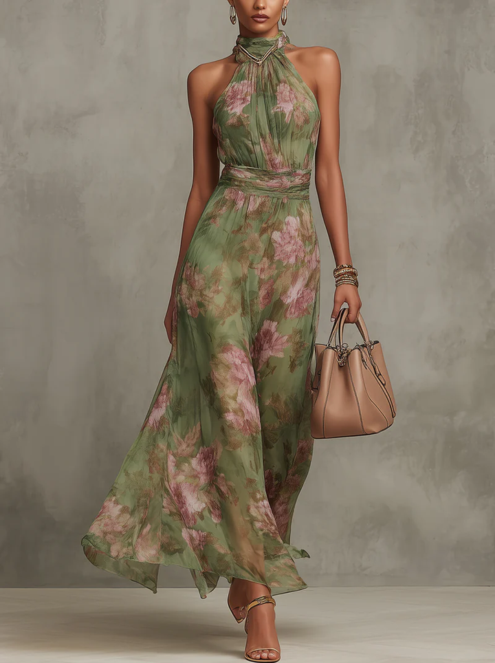 Firenze | Robe Maxi Chiffon Florale Verte à Dos Nu