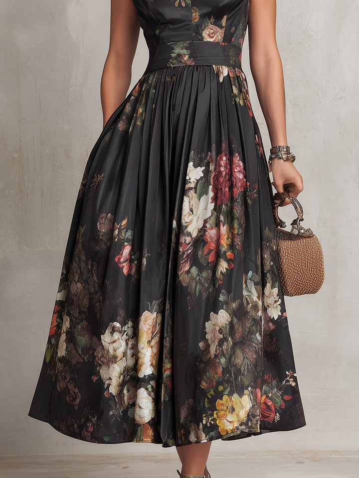 Robe midi plissée en satin à col trou de serrure et imprimé floral noir