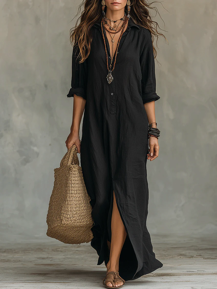 Soline - Robe longue noire ample à boutons