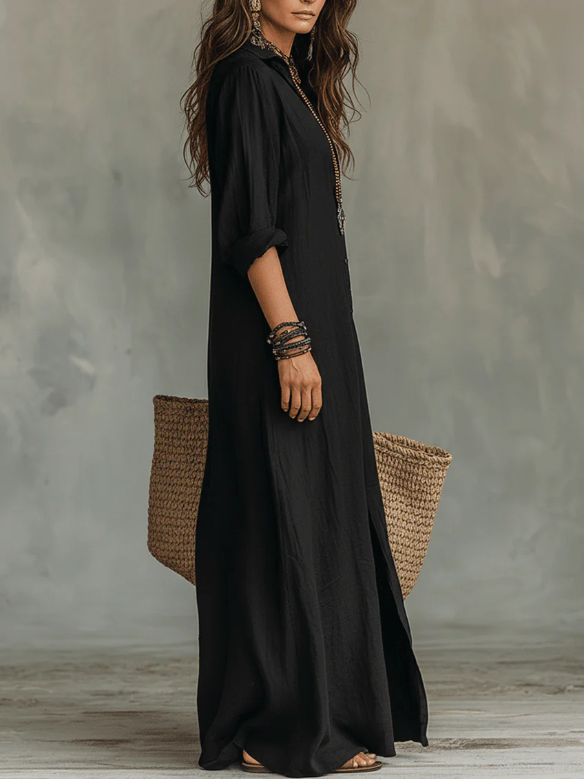 Soline - Robe longue noire ample à boutons