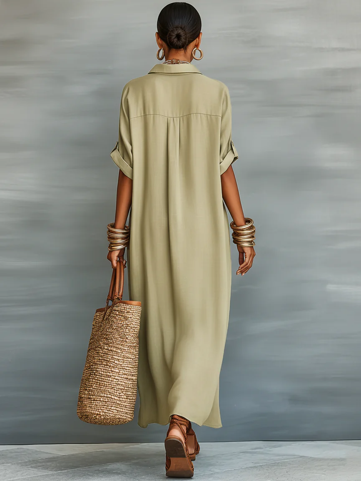 Manelle | Longue Robe Vert Olive aux Lignes Minimalistes