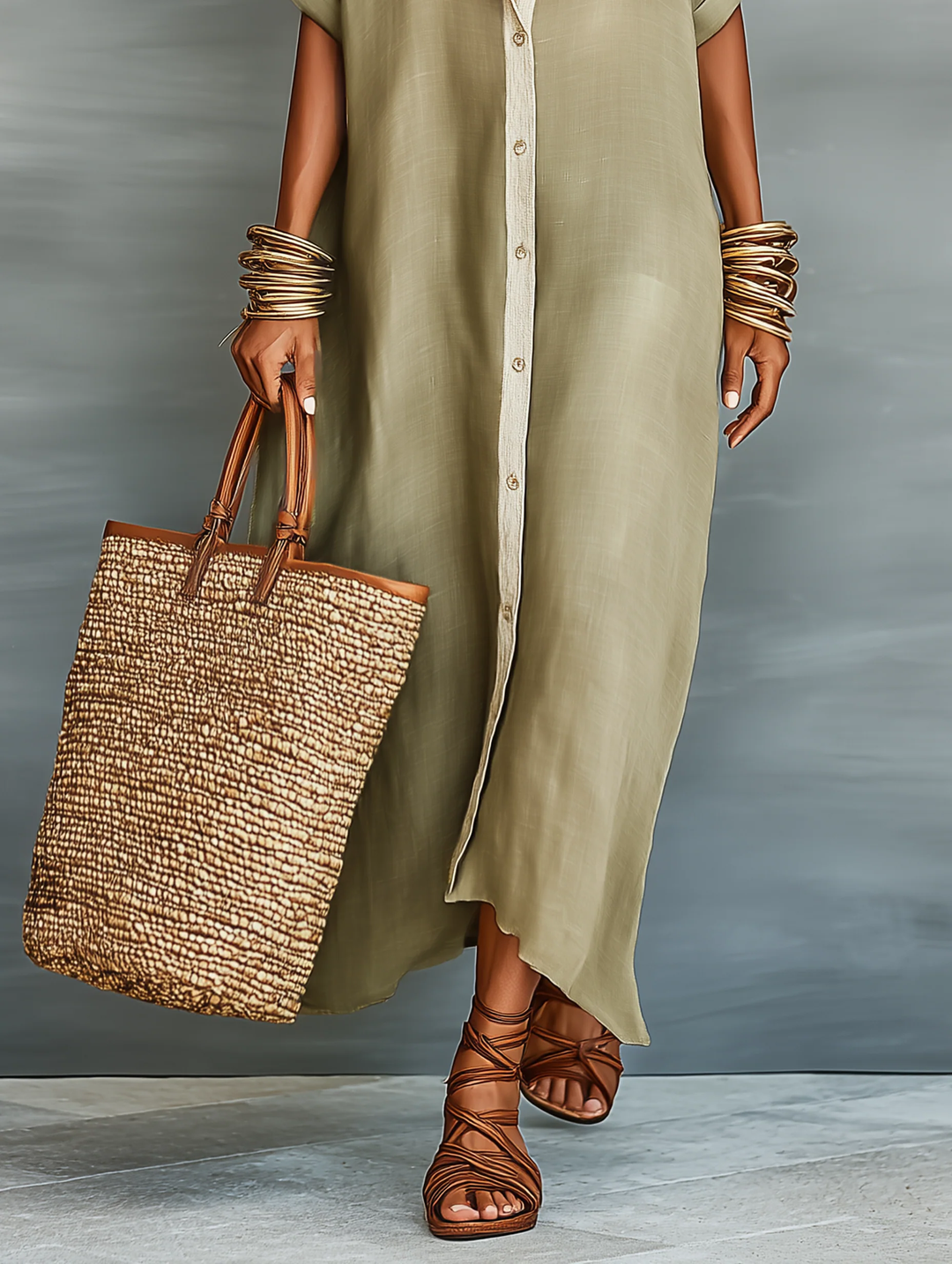 Manelle | Longue Robe Vert Olive aux Lignes Minimalistes