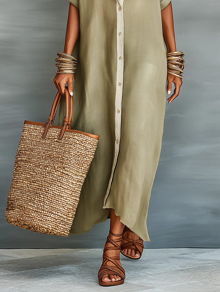 Manelle | Longue Robe Vert Olive aux Lignes Minimalistes