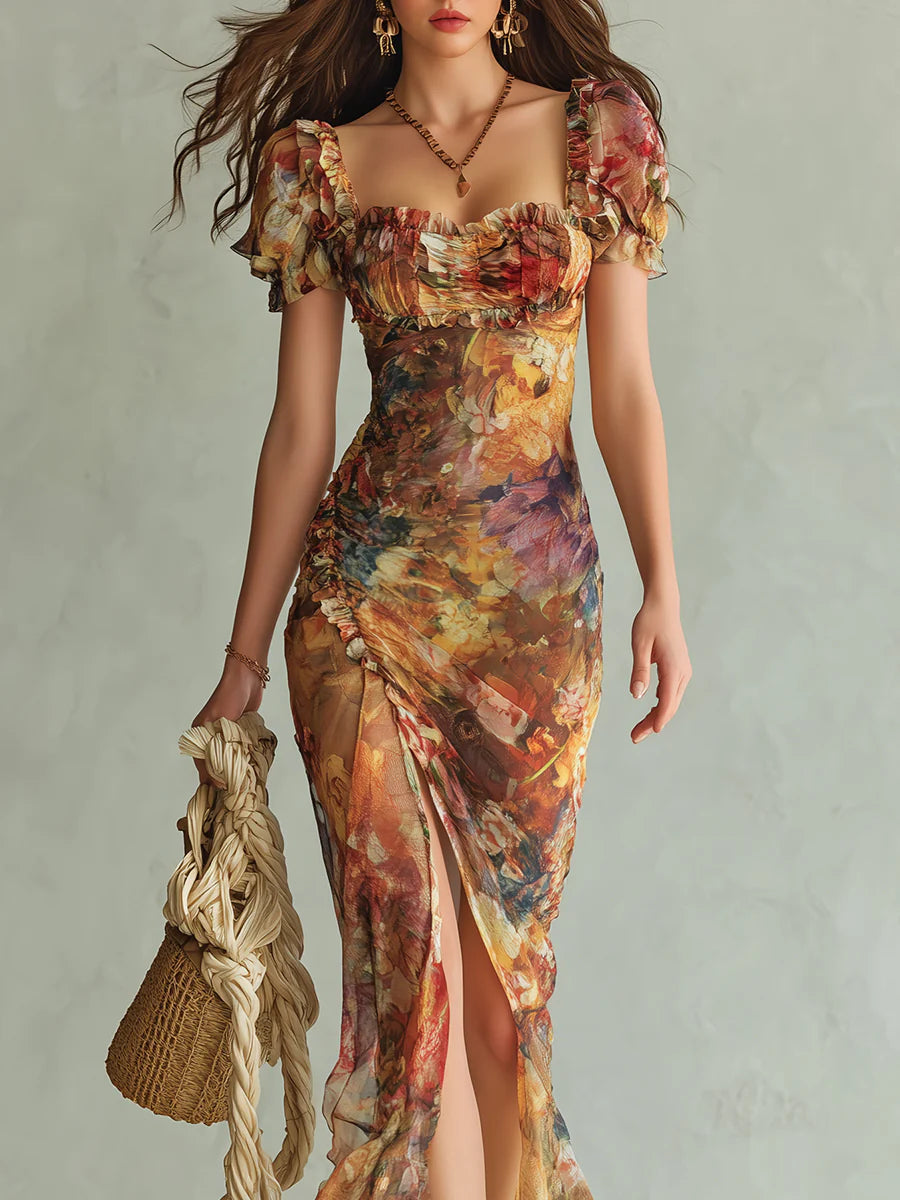 Robe longue en mousseline imprimée style bohème, idéale pour les vacances.