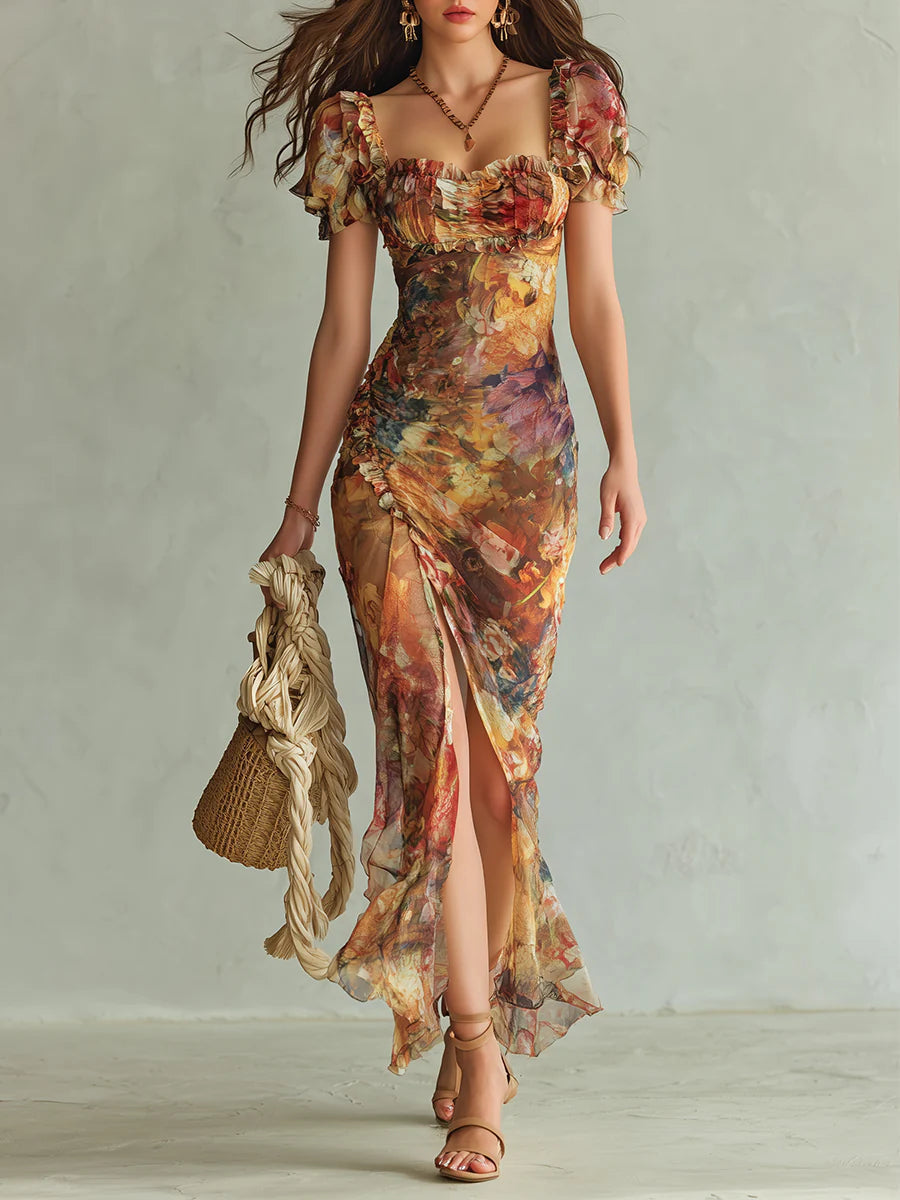 Robe longue en mousseline imprimée style bohème, idéale pour les vacances.