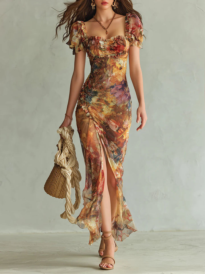 Robe longue en mousseline imprimée style bohème, idéale pour les vacances.