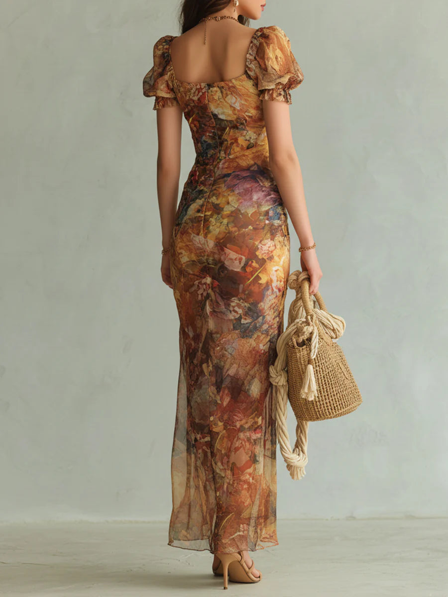 Robe longue en mousseline imprimée style bohème, idéale pour les vacances.