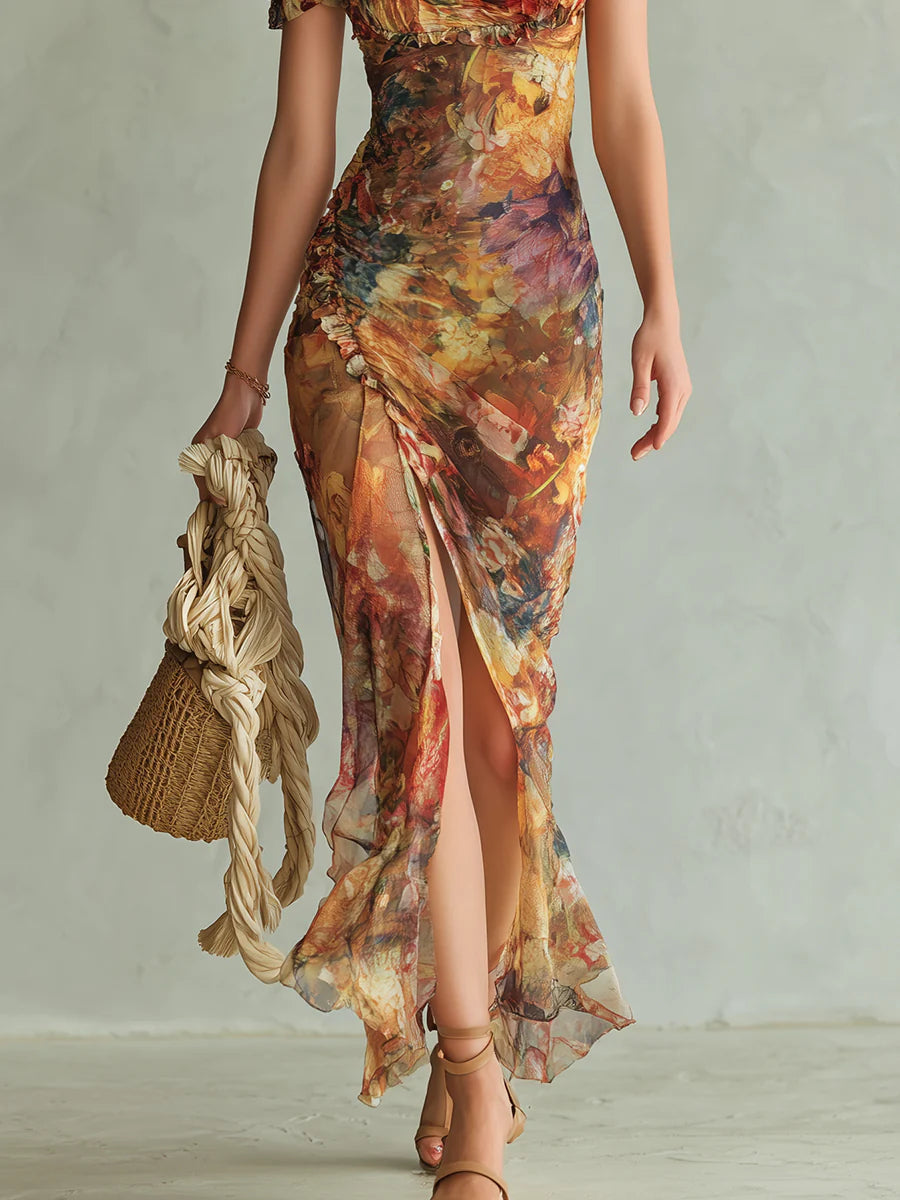 Robe longue en mousseline imprimée style bohème, idéale pour les vacances.
