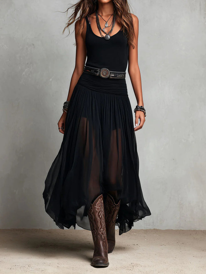 Robe longue noire sans manches à débardeur et jupe en tulle