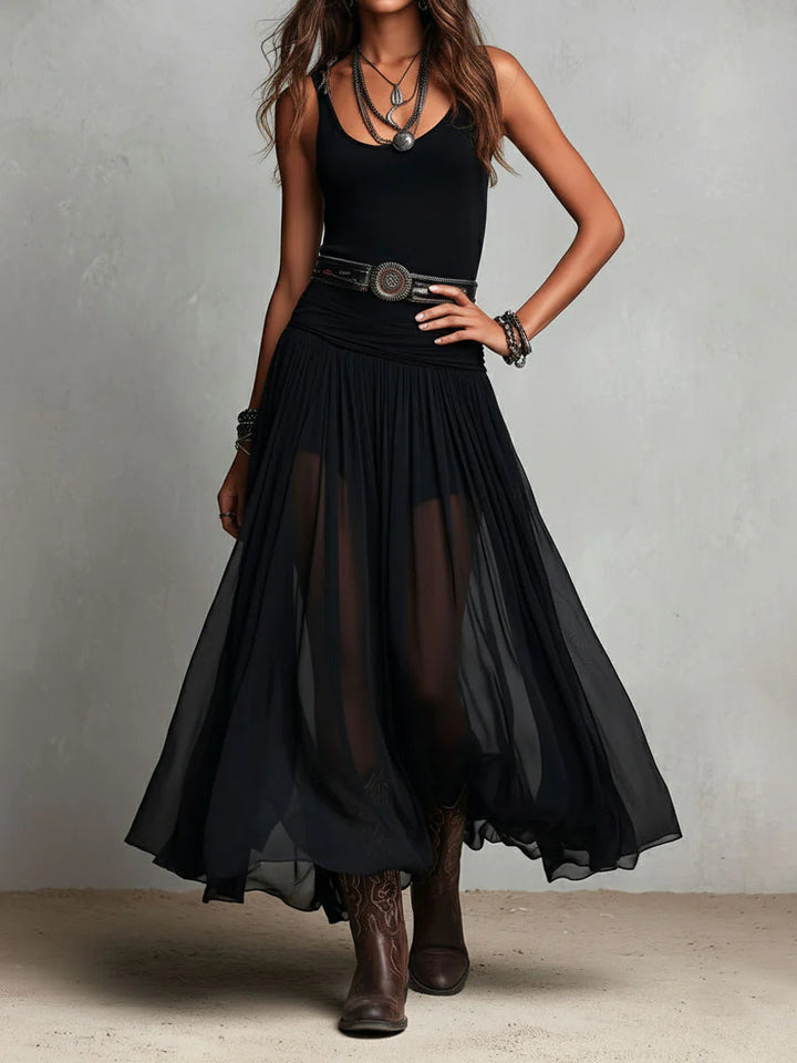 Robe longue noire sans manches à débardeur et jupe en tulle