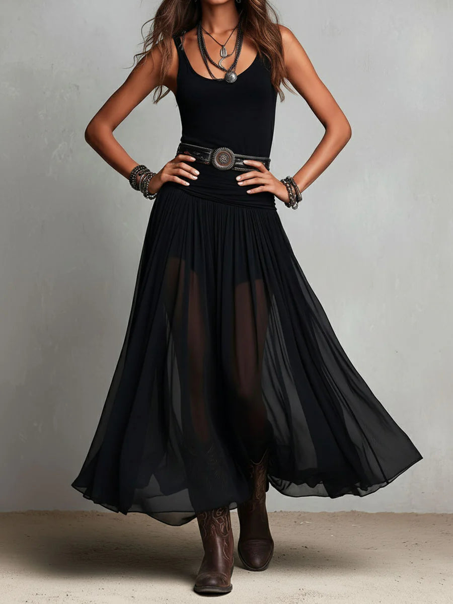 Robe longue noire sans manches à débardeur et jupe en tulle