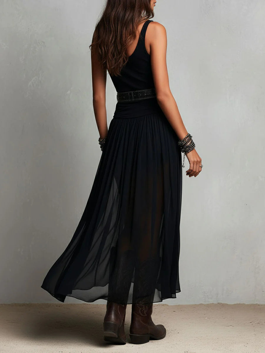 Robe longue noire sans manches à débardeur et jupe en tulle