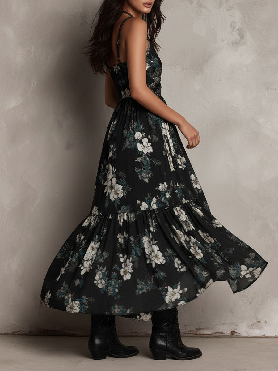 Robe Maxi Noire Boho Imprimé Floral Bustier Irrégulière