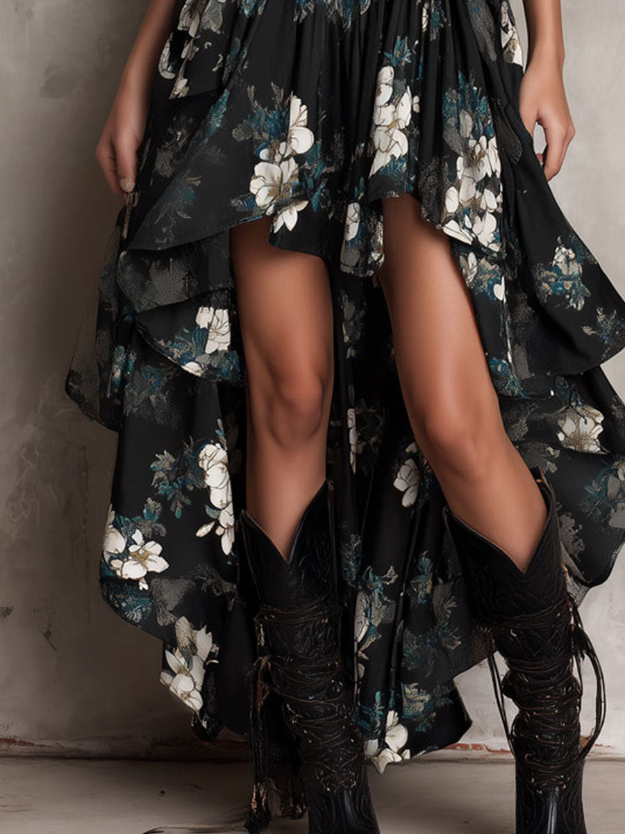 Robe Maxi Noire Boho Imprimé Floral Bustier Irrégulière