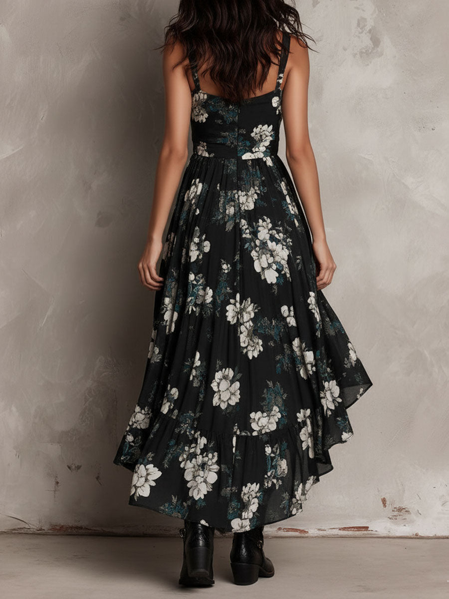 Robe Maxi Noire Boho Imprimé Floral Bustier Irrégulière