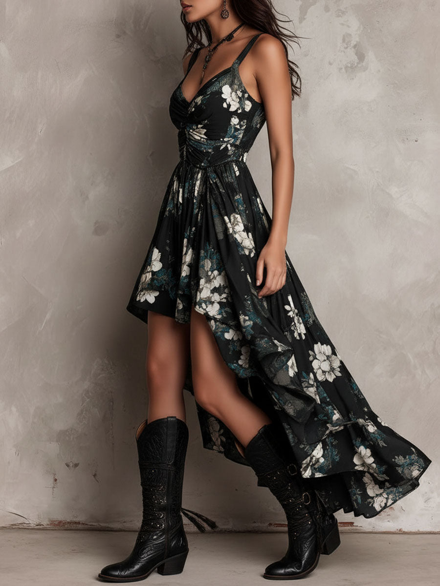 Robe Maxi Noire Boho Imprimé Floral Bustier Irrégulière