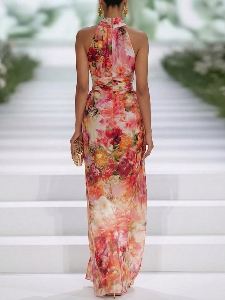 Robe longue sans manches à col halter en mousseline à fleurs