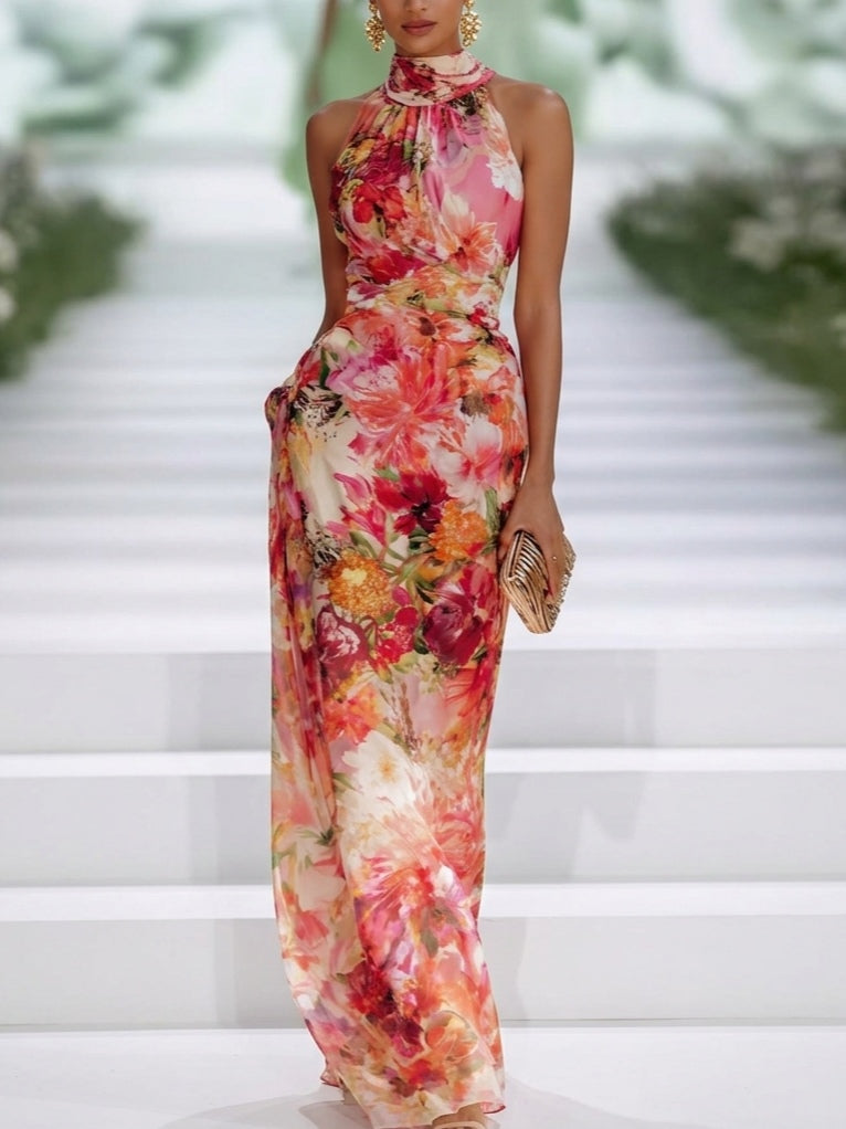 Robe longue sans manches à col halter en mousseline à fleurs