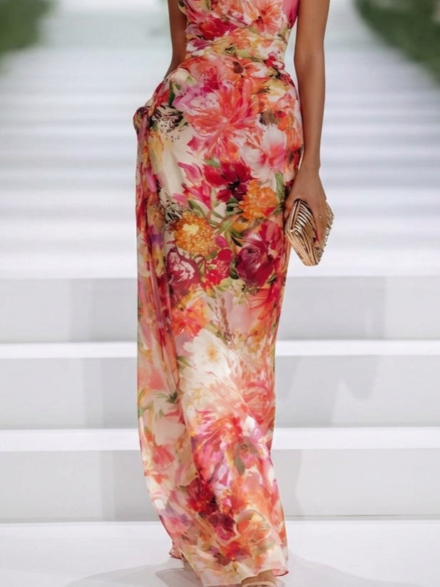 Robe longue sans manches à col halter en mousseline à fleurs