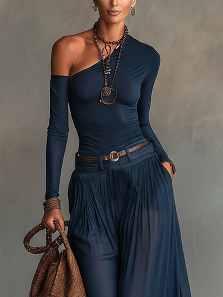 Camila | Ensemble Body Jersey Une Épaule et Jupe Maxi en Mousseline Transparente