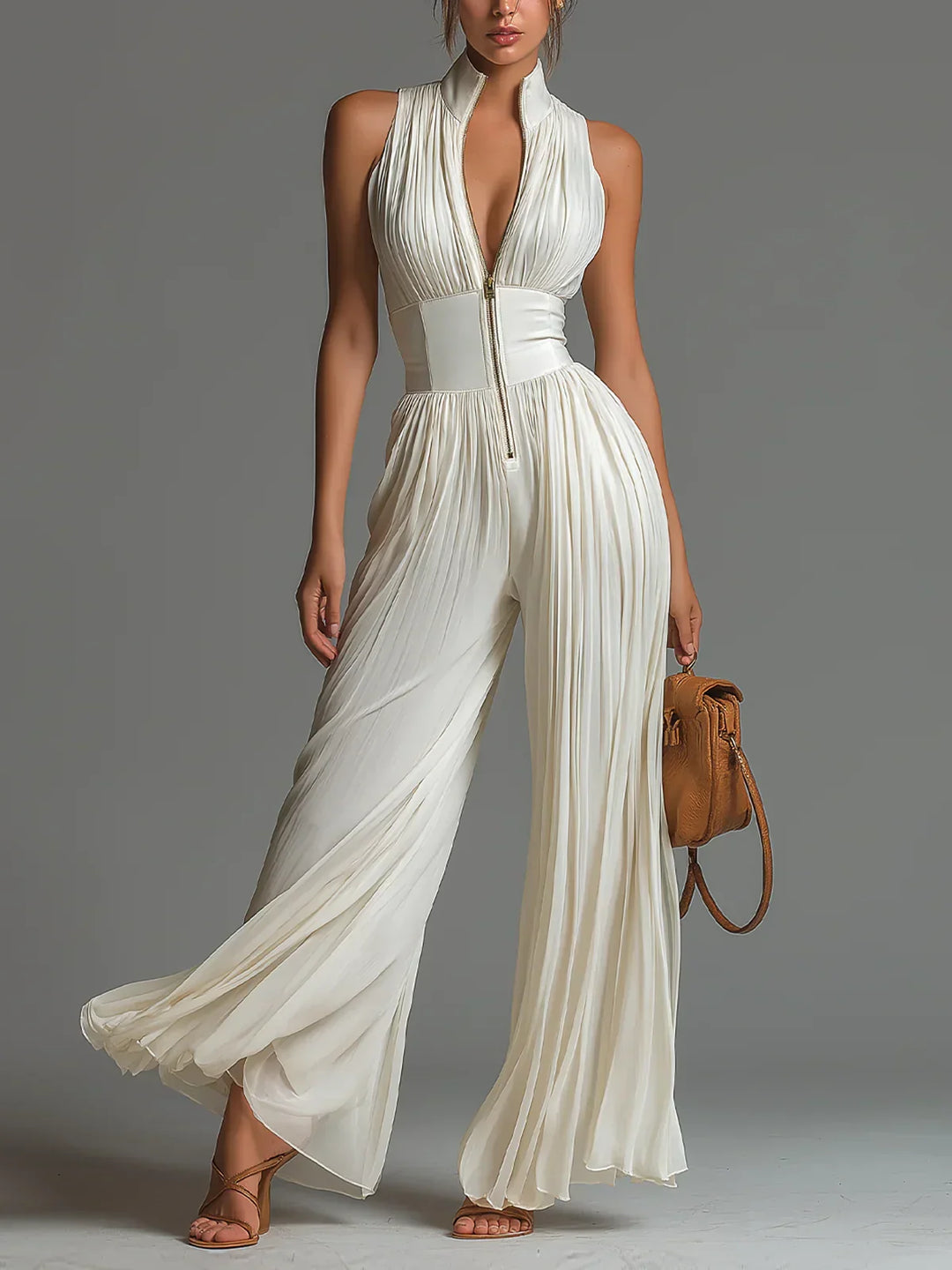 Vittoria · Combinaison en Mousseline Noire, Col en V, Sans Manches, Zip, Pantalon Large Plissé