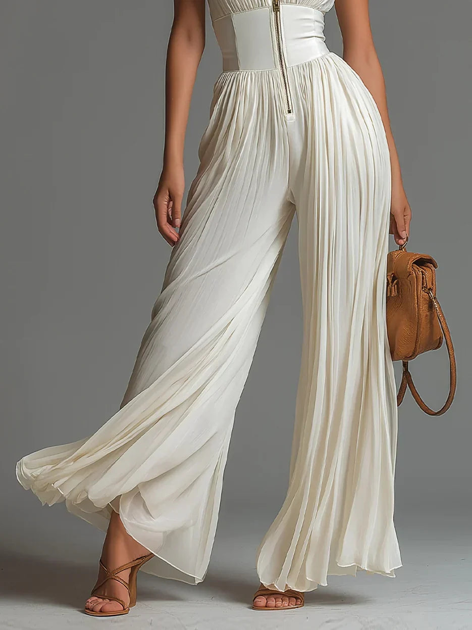 Vittoria · Combinaison en Mousseline Noire, Col en V, Sans Manches, Zip, Pantalon Large Plissé