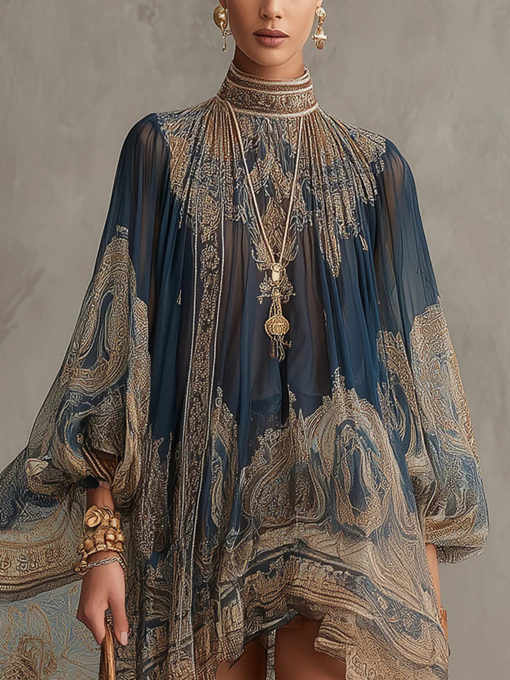Marianna | Mini robe en mousseline bleu marine à imprimé baroque doré